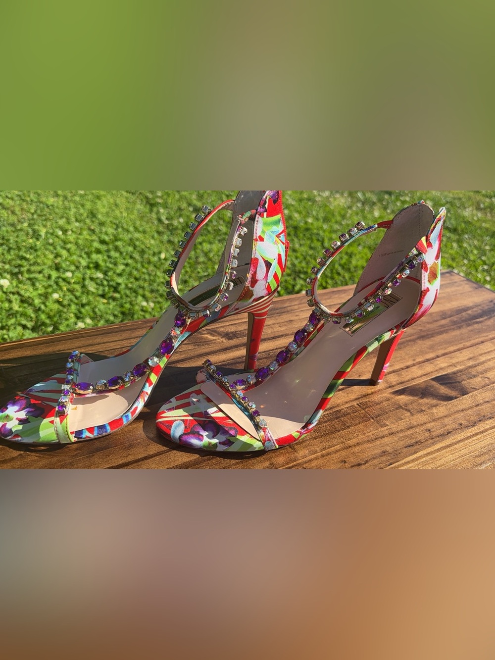 INC International Concepts Multicolor Floral Gemstone Strappy Heels